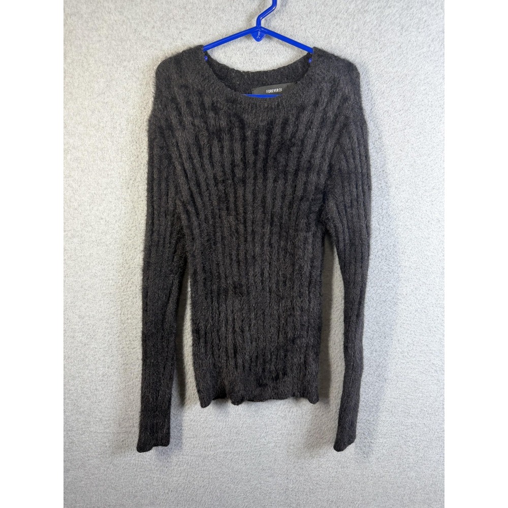 Forever 21 Sweater Juniors Small Gray Fuzzy Ribbed Knit Long Sleeve Top